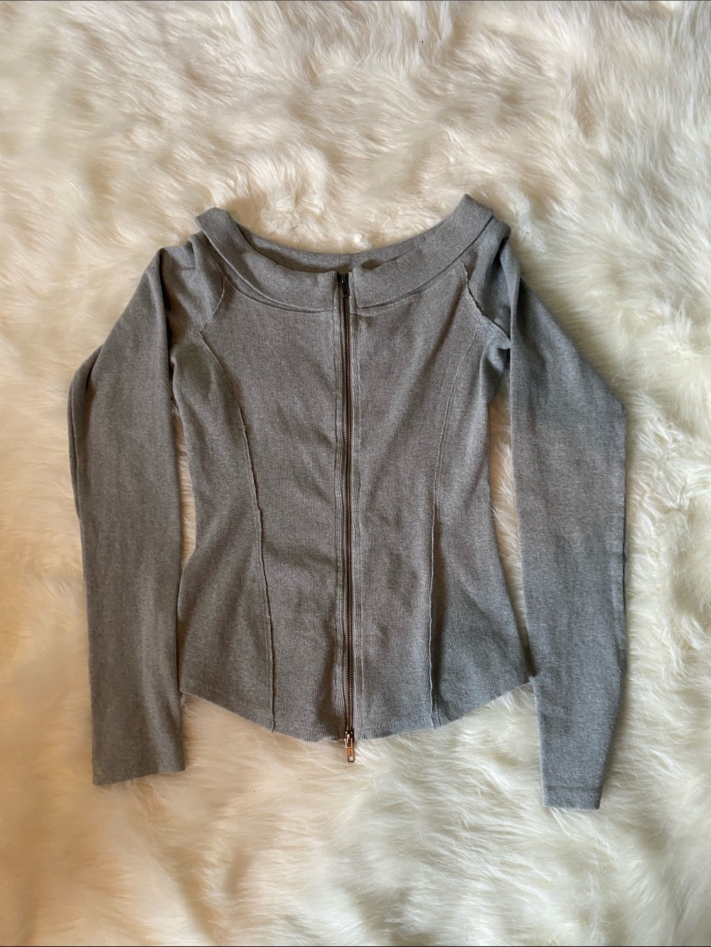 Free People Gray Off-Shoulder Zip-Up Long Sleeve Top